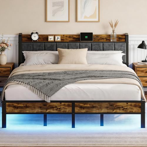 Image of Liians King Size Bed Frame with Charging Station, Storage Headboard Smart LED Lights, Metal Platform Bed Frame with USB Ports, Noise Free, No Box Spring Needed, Easy Assembly