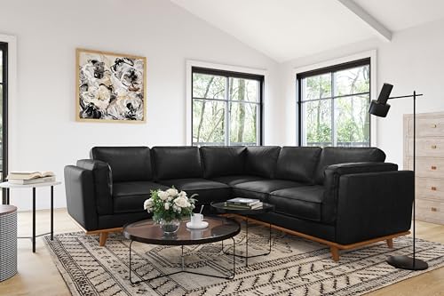Image of Valencia Artisan Full Leather Sofa - Pure Full Italian Nappa Leather Couch, Solid Wood Accent, Ultimate Comfort (Black, L-Shape Sectional)