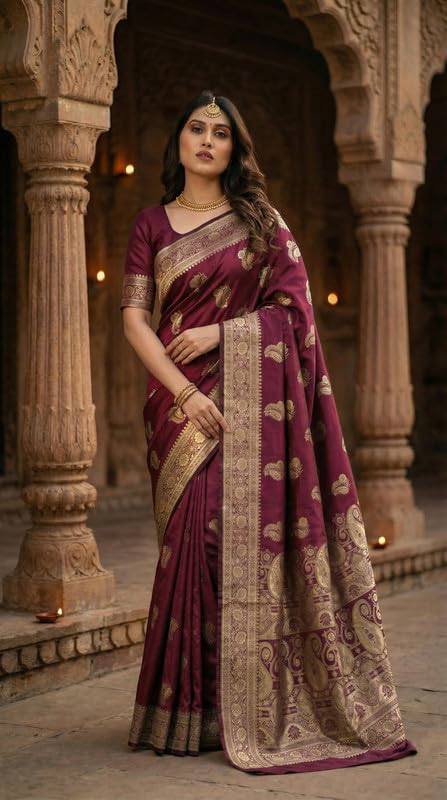 Image of C J Enterprise Women's Pure Soft Silk Saree With Blouse Piece For Wedding (KeriLichi)