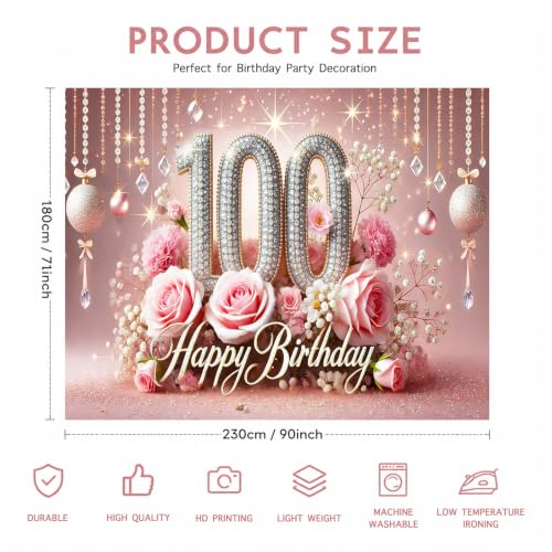 Image of Nuxovilar 100th Birthday Banner - Elegant Pink & Gold Floral Backdrop