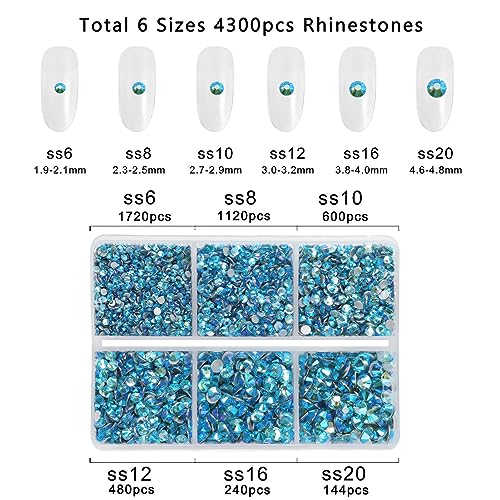 Image of Beadsland 4300pcs Flatback Rhinestones,Blue Rhinestone Nail Gems Round Crystal Rhinestones for Crafts,Mixed 6 Sizes with Picking Tweezers and Wax Pencil Kit, SS6-SS20,Aquamarine AB