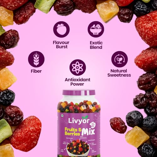 Image of Livyor 7 in 1 Dried Fruits and Berry Mix for eating - 1kg | Good Source of Fibre | Dried Cranberries | Pineapple | Pamelo | Papaya | Blueberries | Strawberries | Mango | Fruits & Berry Blast | Berries dry fruits | Berries fresh | Pack of 1