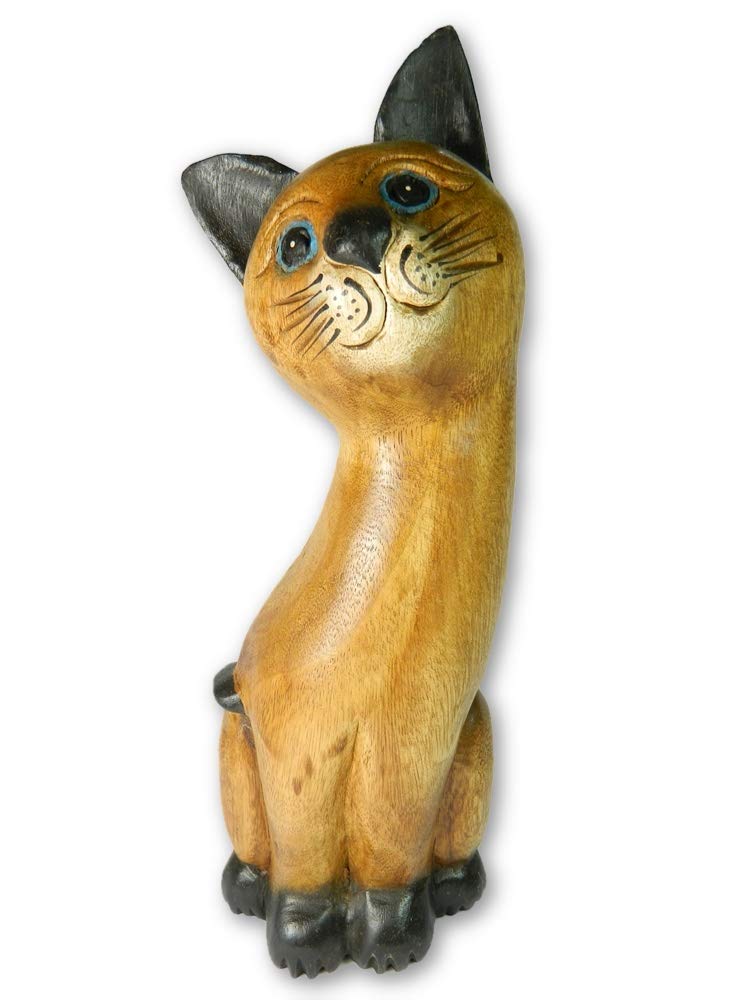 Thai Gifts Wooden Cat Carving - Large Sitting Cat 38cm Head on Side