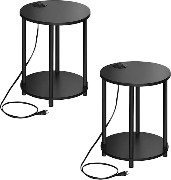 Unihouse Small Black Side Table Set of 2, Round End Table