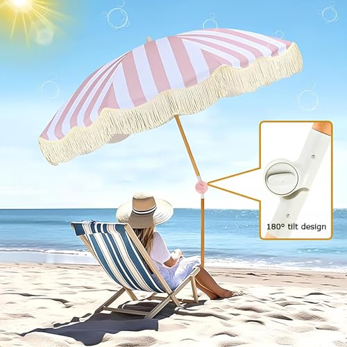Parasol de plage à pompons élégant et inclinable de 180cm pour l'extérieur