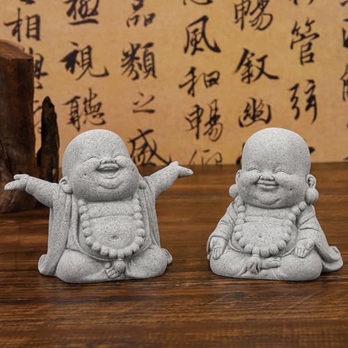 Set de 2 Estatuas Buda de piedra arenisca para jardín zen miniatura 2