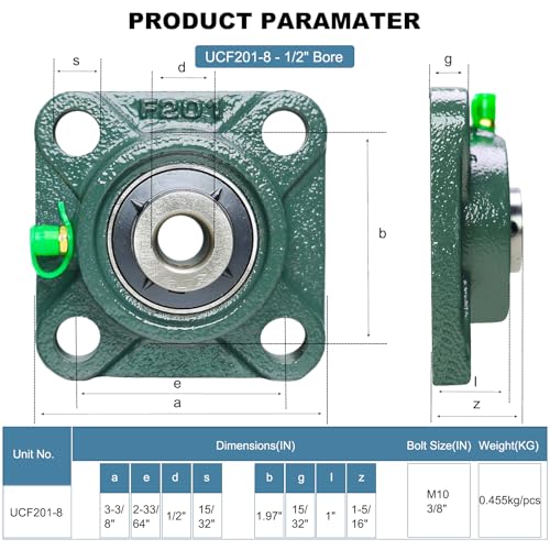 Image of 4 Pack UCF201-8 Pillow Block Bearing - Square Flange 4 Bolt Bearing - Bearing Steel with 1 /2 inch Bore - Self Alignment (UCF201-8)