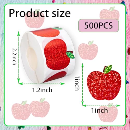 Image of 500Pcs Back to School Apples Stickers Roll Red Laser Sparkly Apples Label 1in Waterproof Decals Self-Adhesive Holographic Stickers for Envelope Scrapbook Decor First Day of School Party Supplies