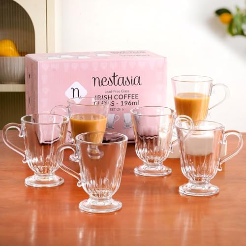 Image of Nestasia Set of 6 Transparent Glass Tea Cups (196ml Each) - Ribbed 100% Food Safe & Chip-Resistant Glass Set | Perfect for Irish Coffee, Tea, Hot & Cold Beverages