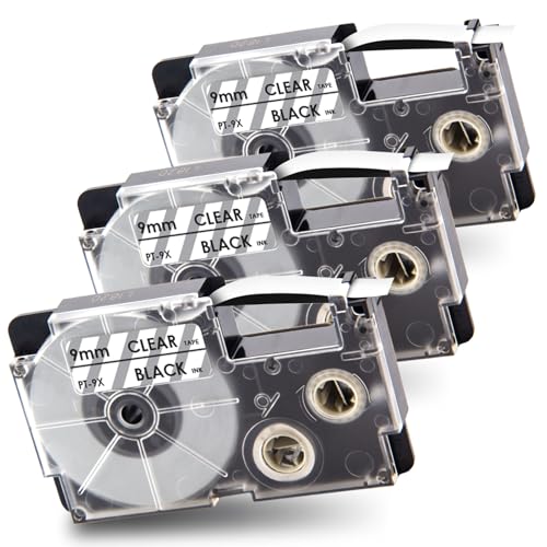 Pristar Compatible Label Tape Replacement for Casio XR-9X XR-9X2S XR9X XR9X2S Black on Clear Label Tape for KL-120 KL-60 KL-100 KL-750 KL-780 KL-820 KL-7200 Label Maker, 9mm(3/8') x 8m(26'), 3-Pack