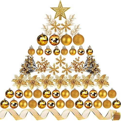 94 Pieces Christmas Tree Decorations Set Including Christmas Tree Ball Ornaments Christmas Glitter Poinsettia Flowers Decorations Glitter Berries Stems for Xmas Holiday Wedding Decor (Gold)