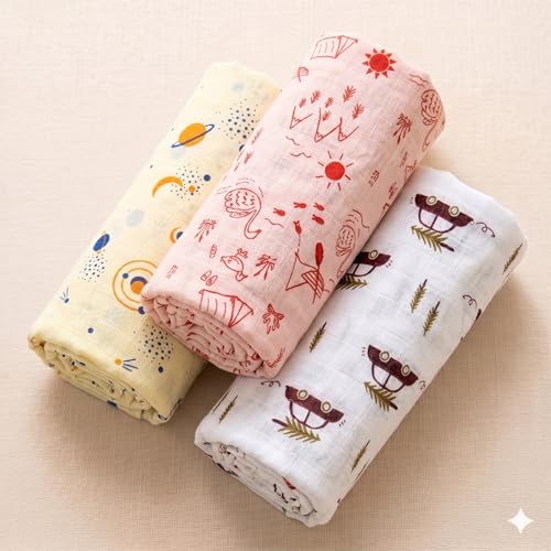 Image of NEW COMERS Cotton Muslin Baby Swaddle Set, Multicolor Printed Muslin Swaddle Wrap for New Born Baby, Soft Pure Cotton Sheet Baby Wrap Set, Baby Product (Swaddle 08)