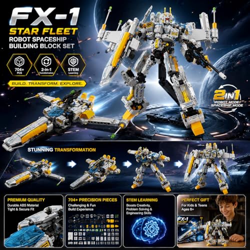 Image of SKY LINE OCEAN FX-1 Star Fleet Robot Spaceship Building Block Set, 704+ PCS Transforming Space Robot & Sci-Fi Spacecraft Model Kit, STEM Construction Toy | 5 Year Structural Warranty