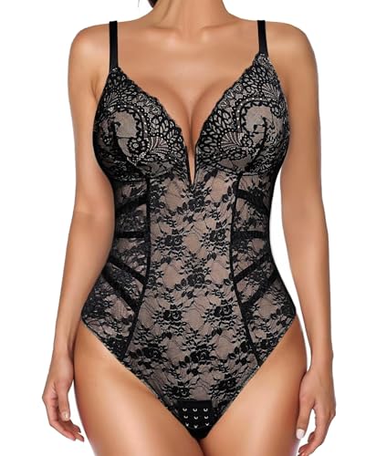 Popilush Lace Body Suits Women Tummy Control Shapewear Bodysuit Deep V Neck Backless Corset Tops Thong Body Shaper