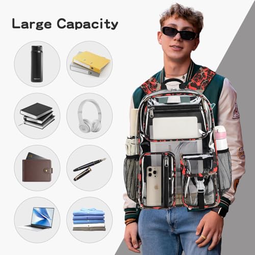 Image of Cusangel Heavy Duty Clear Backpack,16.5 x12 x5inch TPU Large Capacity See Through Backpack for Sport Events,Travel (Red)