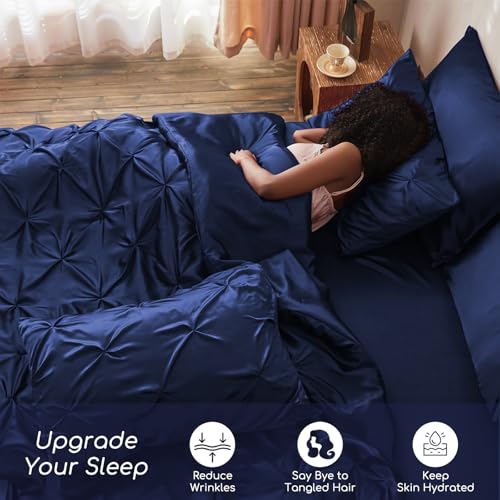 MR&HM Satin Comforter Twin 5 Pieces - Luxurious Pinch Pleat Bedding Set with Comforter, Flat Sheet, Fitted Sheet, Pillowcase & Sham, Super Silky Soft Bed Set for All Season (Twin, Navy Blue)