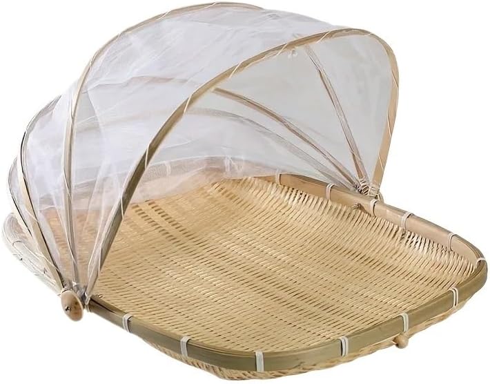 Handwoven Bamboo Serving Basket with Mesh Canopy Free Picnic Storage
