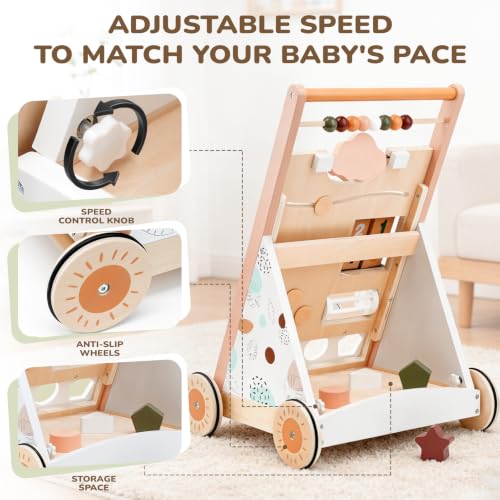 Image of Joyreal Wooden Push & Pull Toy Montessori Baby Activity Center for Toddlers | Adjustable Speed, 8-in-1 Baby Activity Cube, Shape Sorter, Sit-to-Stand, Christmas First Birthday Gifts, 12+ Months, Morandi