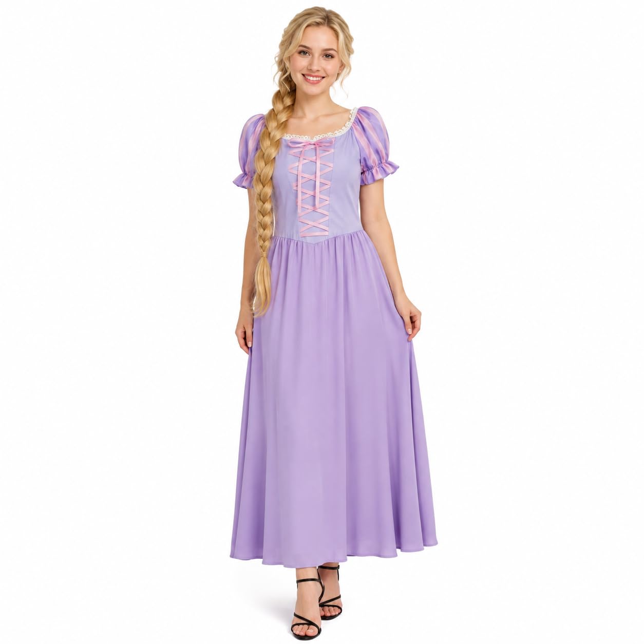 Saephaw Rapunzel Costume Women Printed Purple Princess Dress Puff Sleeves Twirl Skirt Gown Halloween Cosplay Party Dress L