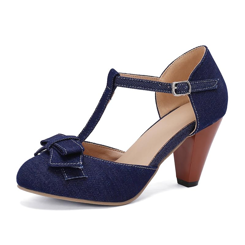 Image of Elbslutt Women's Cute Retro Rockabilly Shoes T Strap Mary Janes Heels Chunky Cosplay Shoes Sweet Block Heeled Bow Pumps