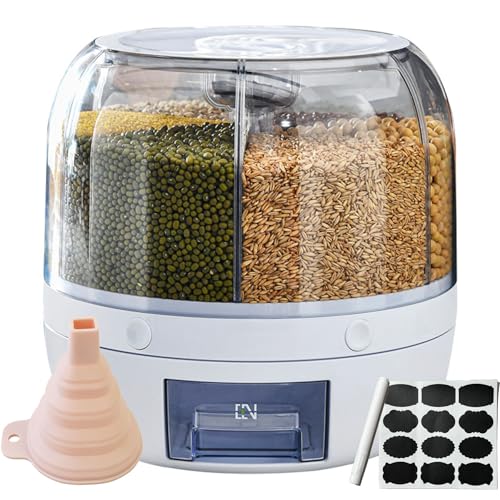 Rotating grain distributor, 6-grid large rice storage container for storing rice, beans and cat food, sealed and moisture-proof, large size.