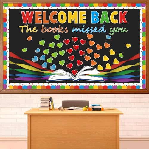 Welcome Back to School Bulletin Board Decorations Welcome Back the Books Missed You Bulletin Board Colorful Heart Paper Cutouts Reading Theme Classroom Decor for Home Library Preschool Chalkboard Wall