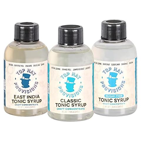 Top Hat Tonic Syrup & Quinine Concentrate Sampler Kit - East India Tonic Syrup, Classic Tonic Syrup & Sugar Free Elderflower Tonic Syrup - 3 pack combo kit of 4oz bottles Cover