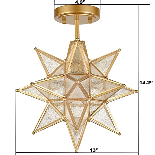 Image of HYDELITE Brushed Gold Moravian Star Ceiling Light with Seeded Glass
