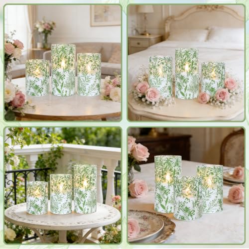 Image of Green Plants Flameless Candles with Remote Timer, Plant Theme LED Glass Candles, Battery Operated Candles for Home Party Wedding Christmas Botanical Summer Decor, Set of 3