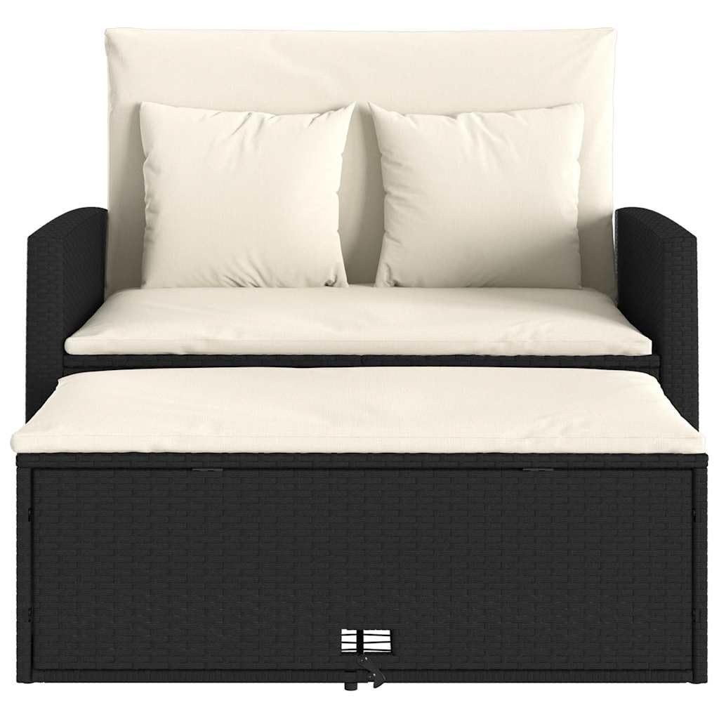Divano Giardino 2 Posti Nero Polyrattan con Cuscini | Divano letto reclinabile, poggiapiedi con contenitore, rivestimento sfoderabile lavabile, 110 kg per seduta