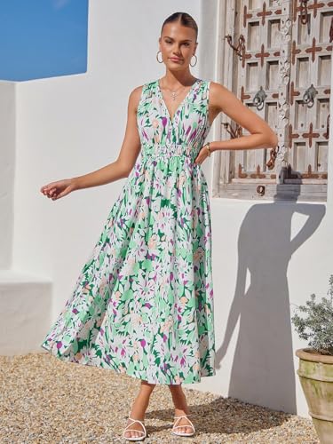 womens summer sleeveless v neck boho long dress floral print midi sundress