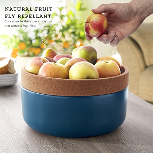 Image of Ceramic and Cork Large Breathable Produce Bowl with Lid to Naturally Extend Produce Freshness, Natural Cork and Teal Ceramic