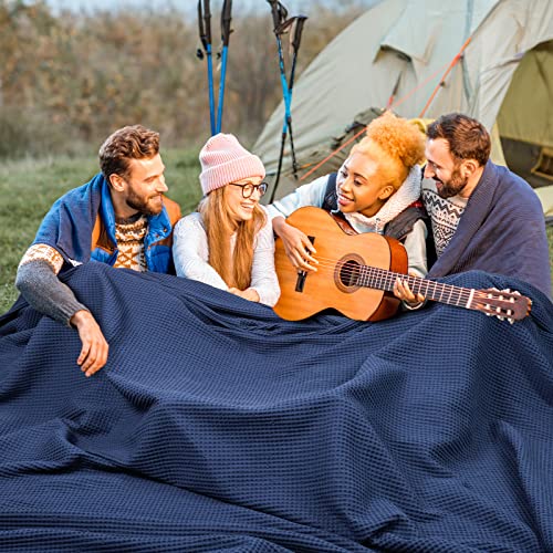 Image of PHF 100 Cotton Waffle Big Family Oversized Blanket, 120 inch X 120 inch Bright Blue | Pre-washed Natural Soft Cozy Lightweight Breathable, Textured Decorative Layer for Bed Guest Room, Machine Washable, Giftable