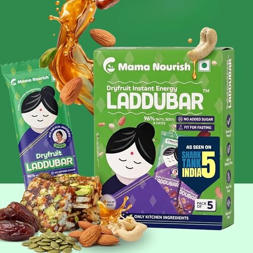 Image of LADDUBAR Dryfruit Energy Bars | 10% Protein | 96% Dryfruits & Dates | Purchase one get one | Gluten Free | No Refined Sugar | Fasting Friendly | Mama Nourish | Pack of 1(5 Bars x 35g) | As Seen on Shark Tank India