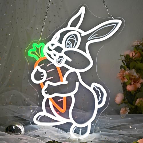 Image of Planzo Easter Neon Light Sign Bunny Carrot Bedroom Kids Room Wall Sign Decor Bar Shop Office Home Easter Eggs Sign Birthday Christmas Gift Jesue USB 16.9 inch X 11.8 inch