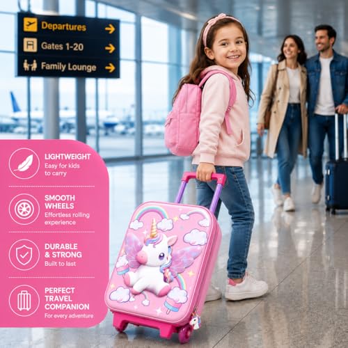 Image of PLUSPOINT Unicorn Theme Kids Trolley Bag | 16 Inch Hard Shell Cabin Luggage with Wheels & Telescopic Handle | Lightweight Travel Suitcase for Girls | School Trips, Vacations, Holidays & Weekend Travel