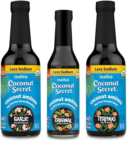Coconut Secret Organic Coconut Liquid Aminos Variety 3-Pack - Includes Original 8oz, Garlic 10oz, and Teriyaki 10oz - Low Sodium Soy Sauce Alternative for Cooking, Dipping, and Marinating
