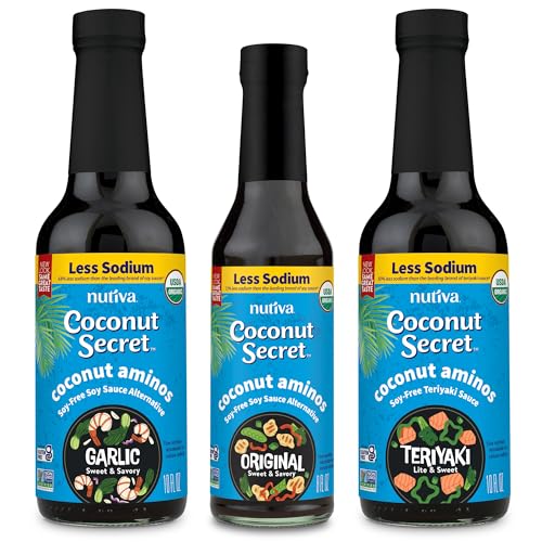 Coconut Secret Organic Coconut Aminos Variety 3 Pack. Soy Free, Low Sodium Coco Liquid Aminos Stir Fry Sauce. Original, Garlic, and Teriyaki Sauce Bundle. USDA Organic, Gluten-Free