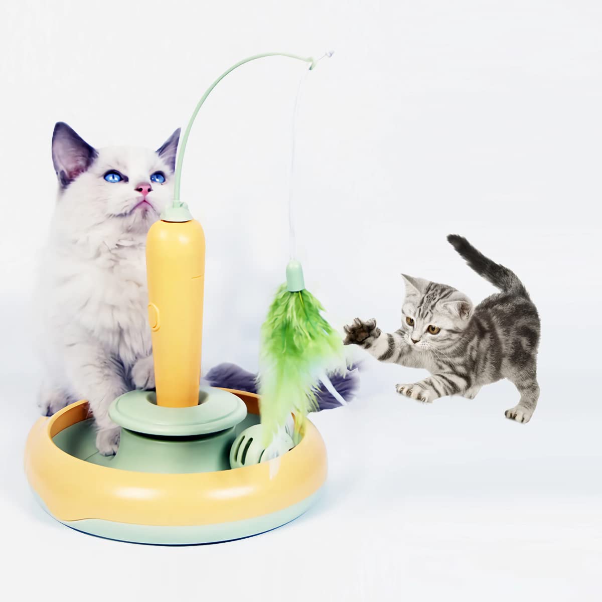 Cat Toy Interactive Kitten Automatic Feather Toy with Hair Collector, Electric Rotate Feather Round Roller Track Toy with Rattle Ball 3 in 1 Cat Activated Toy for Pet Indoor Hunter Exercise Play Alone