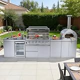 128-Inch Stainless Steel Outdoor Kitchen Island, Natural Gas BBQ Grill with Pizza Oven, Rotisserie, Refrigerator, Granite Countertop, Storage Cabinets & Drawers 120,000 BTU