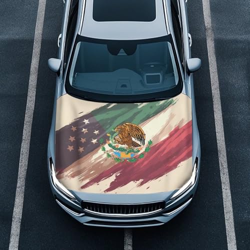 Image of Car Hood Cover Protector 59x39 Inch Stretchable Auto Hood Wrap Blankets Waterproof Automotive Exterior Accessories for Sedans SUV Trucks (USA Flag and Mexican Flag Design)
