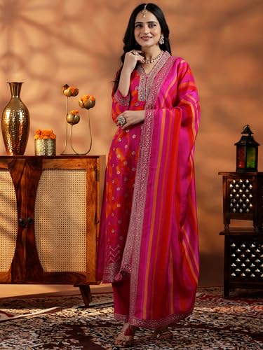 Image of Libas Womens Printed Silk Blend Straight Kurta With Trousers and Dupatta | daily wear suit