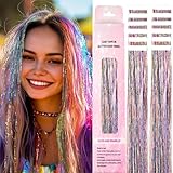 Hair Tinsel Tape in Tinsel Hair Extensions 12 Pcs Sparkly Heat Resistant Glitter Fairy hair Accessories 22 Inch Long Party Festival Colored Hair Extensions for Girls Women (Rainbow)