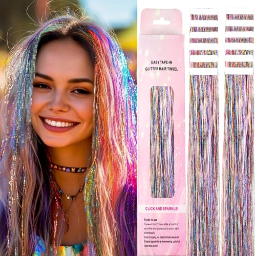 Hair Tinsel Tape in Tinsel Hair Extensions 12 Pcs Sparkly Heat Resistant Glitter Fairy hair Accessories 22 Inch Long Party Festival Colored Hair Extensions for Girls Women (Rainbow)