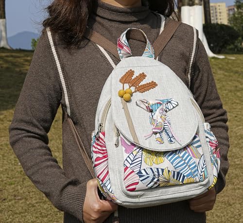 Image of Small Canvas Backpack, Retro Boho Washed Hippie for Women Daily Commute (Colorful Elephant Decorations)