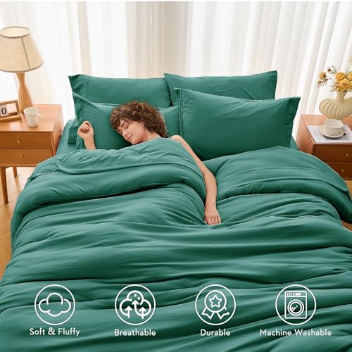 MUXHOMO 5 Pieces Twin Comforter Set, Soft Bed in a Bag Twin Size, All Season Bedding Set with Comforter, Flat Sheet, Fitted Sheet, Pillowcases & Shams, Emerald Green