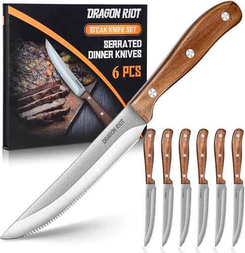 DRAGON RIOT Juego De 6 Cuchillos Para Carne, Cuchillo Para Carne Con Mango De Madera, Juego De Cuchillos De Mesa Con Embalaje De Regalo