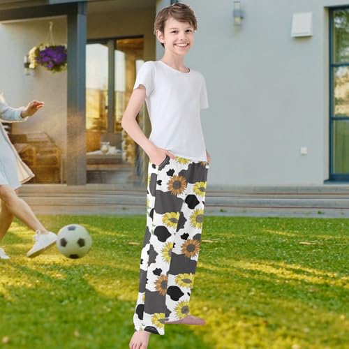 visesunny Boys Pants Black White Cow Sunflower Soft Long Bottoms Jogger Pants Elastic Waist Trousers with Pockets XL4