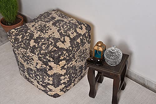Charcoal & Beige Luxury Amazing Square Ottoman Pouffe of 18 * 18 * 18 Inch Jacquard Handmade Bean Ball Stuffed-image-14