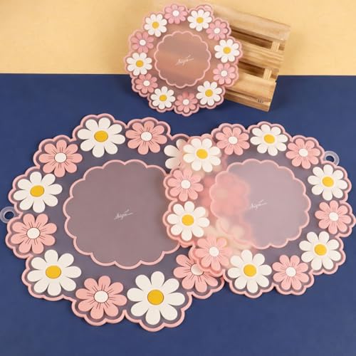 Image of Signamio Silicone Mat for Kitchen - Heat Resistant Flower Shaped Trivet Mat Set, Coasters for Dining Table for Hot Pots, Pack of 3-1 Small, 1 Medium, 1 Large Heat Mats - Pink